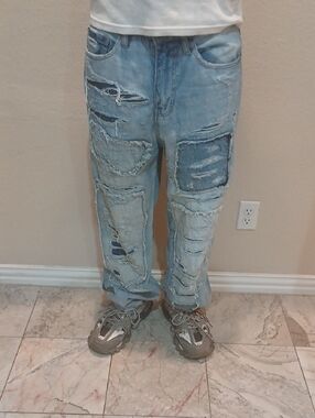 Jordan Craig Light Blue Distressed Patchwork Jeans
